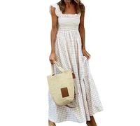 EFOFEI Vestido Sin Mangas Escote Cuadrado Mujeres Vestido A-Line Fruncido Maxi Vestido Fluyente a Cuadros Beige L