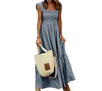 EFOFEI Vestido Sin Mangas Escote Cuadrado Mujeres Vestido Retro de Verano a Cuadros A-Line Fruncido Negro M