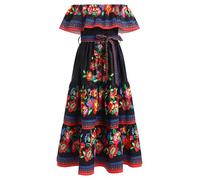 EFOGEP Vestido mexicano de verano para niña, bohemio, floral, vestido de drapeado, vestido tradicional cinco de mayo, fiesta, folklórico, bohemio, fiesta de cumpleaños, vestidos largos con cinturón