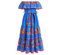 EFOGEP Vestido mexicano de verano para niña, bohemio, floral, vestido de drapeado, vestido tradicional cinco de mayo, fiesta, folklórico, bohemio, fiesta de cumpleaños, vestidos largos con cinturón