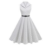 EFOGEP Vestido Vintage de los años 1950 para mujer Rockabilly Swing Elegante con Polka Dot, estilo Audrey Hepburn, Cocktail, Formal, para Fiesta de Té, Midi, con Cinturón, Blanco, S