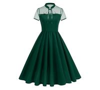 EFOGEP Vestido vintage gótico para mujer, de malla de lunares abiertos, manga corta, Audrey, retro, rockabilly, vestido de fiesta de los años 50 y 60, acampanado, verde, L