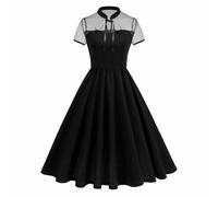 EFOGEP Vestido vintage gótico para mujer, de malla de lunares abiertos, manga corta, Audrey, retro, rockabilly, vestido de fiesta de los años 50 y 60, acampanado, Negro , XL