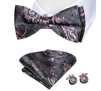EFRJUWI Pajarita de seda color salmón rosa for hombre, juego de gemelos y pañuelo de bolsillo, con nudo de mariposa preatado, for bodas y negocios.(Color12)