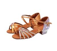 EFRJUWI Zapatos Latinos con Diamantes de Agua for Mujer, Tacones Artificiales satén 3,5 CM, Zapatos Baile salón Modernos vals Jazz Verano(Brown with Flower,37)