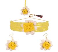 Efulgenz Conjunto de joyas de perlas sintéticas amarillas con cuentas florales hechas a mano con pendientes Maang Tikka para mujer, joyería india para boda Haldi Mehandi, baby shower