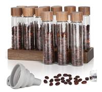 EFUTURETIME 12 x Contenedors de Granos de Café de Dosis única, Tubos de Almacenamiento para Café en Grano con Soporte de Madera de 12 Agujeros y Embudo Sílice