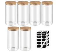 efuturetime Juego de 6 Botes Cocina Almacenaje Cristal, 1300ml, Tarros Cristal Hermética con Tapa de Bambú, φ10.5 * 20.8cm, Tarros de Cocina de Vidrio con Etiqueta para Cereales Nueces Polvo