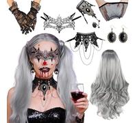 Efymosce Peluca Halloween Mujer, Peluca Rizada Gris Plateada con Collar Gótico, Pulsera de Encaje, Pendientes con Pegatinas de Malla para El Papel, Carnaval y Fiestas Temáticas