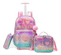 Egchescebo Mochila con Ruedas Carrito para Escolar Niña Material de Cuero Mochilas Niñas Escolares Juego Fiambrera y Portalápices Maleta Lonchera Viaje Escuela Adecuado Primaria 5-12 Años Rosa Corazón