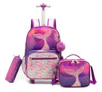 Egchescebo Mochila con Ruedas Carrito para Escolar Niña Material de Cuero Mochilas Niñas Escolares Juego Fiambrera y Portalápices Maleta Lonchera Viaje Escuela Adecuado Primaria 5-12 Años Rojo Sirenas