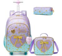 Egchescebo Mochila con Ruedas Carrito para Escolar Niña Mochilas Niñas Escolares Juego Fiambrera y Portalápices Maleta Juvenil Pequeño Lonchera Escuela Adecuado Primaria 5-10 Años Morado-Cian Corazón