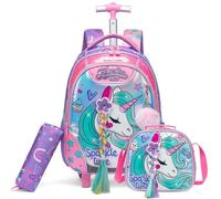 Egchescebo Mochila con Ruedas Carrito para Escolar Niña Mochilas Niñas Escolares Juego Fiambrera y Portalápices Maleta Lonchera Viaje Escuela Adecuado Primaria 5-12 Años Rosa con Coletas Unicornios