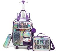 Egchescebo Mochila con Ruedas Carrito para Escolar Niña Múltiples Bolsillos Mochilas Niñas Escolares Fiambrera y Portalápices Maleta Pequeño Viaje Escuela Adecuado Primaria 5-12 Años Morado Corazón