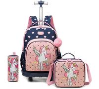 Egchescebo Mochila con Ruedas Carrito para Escolar Niña Plegable Mochilas Niñas Escolares Juego Fiambrera y Portalápices Maleta Juvenil Pequeño Viaje Escuela Adecuado Primaria 5-12 Años Rosa Unicornio