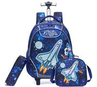 Egchescebo Mochila con Ruedas Carrito para Escolar Niño Mochilas Escolares Juego Fiambrera y Portalápices Maleta Juvenil Pequeño Lonchera Viaje Adecuado Primaria 5-12 Años Azul Transbordador Espacial