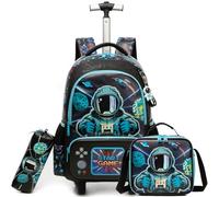Egchescebo Mochila con Ruedas Carrito para Escolar Niño Mochilas Niños Escolares Juego Fiambrera y Portalápices Maleta Juvenil Pequeño Adecuado Primaria 5-10 Años Azul Astronauta