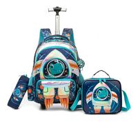 Egchescebo Mochila con Ruedas Carrito para Escolar Niño Mochilas Niños Escolares Juego Fiambrera y Portalápices Maleta Juvenil Pequeño Adecuado Primaria 5-10 Años Azul Cohete