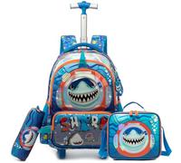 Egchescebo Mochila con Ruedas Carrito para Escolar Niño Mochilas Niños Escolares Juego Fiambrera y Portalápices Maleta Juvenil Pequeño Adecuado Primaria 5-10 Años Azul Tiburón