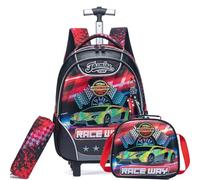 Egchescebo Mochila con Ruedas Carrito para Escolar Niño Mochilas Niños Escolares Juego Fiambrera y Portalápices Maleta Juvenil Pequeño Lonchera Viaje Adecuado Primaria 5-10 Años Coche de Carreras Rojo