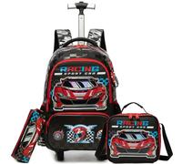 Egchescebo Mochila con Ruedas Carrito para Escolar Niño Mochilas Niños Escolares Juego Fiambrera y Portalápices Maleta Juvenil Pequeño Adecuado Primaria 5-10 Años Coche de Carreras Rojo
