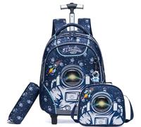 Egchescebo Mochila con Ruedas Carrito para Escolar Niño Mochilas Niños Escolares Juego Fiambrera y Portalápices Maleta Juvenil Pequeño Lonchera Viaje Adecuado Primaria 5-12 Años Azul Astronauta