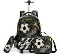 Egchescebo Mochila con Ruedas Carrito para Escolar Niño Mochilas Niños Escolares Juego Fiambrera y Portalápices Maleta Juvenil Pequeño Adecuado Primaria 5-10 Años Negro Fútbol
