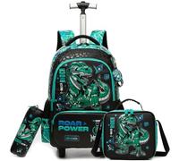 Egchescebo Mochila con Ruedas Carrito para Escolar Niño Mochilas Niños Escolares Juego Fiambrera y Portalápices Maleta Juvenil Pequeño Adecuado Primaria 5-10 Años Verde Dinosaurio