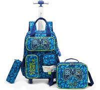Egchescebo Mochila con Ruedas Carrito para Escolar Niño Múltiples Bolsillos Mochilas Escolares Juego Fiambrera y Portalápices Maleta Juvenil Pequeño Adecuado Primaria 5-12 Años Azul Control Portátil