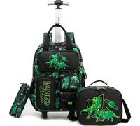 Egchescebo Mochila con Ruedas Carrito para Escolar Niño Múltiples Bolsillos Mochilas Niños Escolares Juego Fiambrera y Portalápices Maleta Juvenil Pequeño Adecuado Primaria 5-12 Años Verde Dinosaurio
