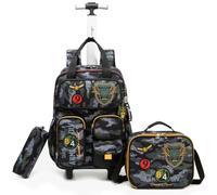 Egchescebo Mochila con Ruedas Carrito para Escolar Niño Múltiples Bolsillos Mochilas Niños Escolares Juego Fiambrera Portalápices Maleta Juvenil Pequeño Adecuado Primaria 5-12 Años Parche en el Brazo