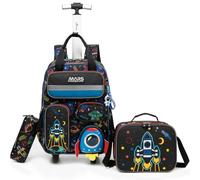 Egchescebo Mochila con Ruedas Carrito para Escolar Niño Múltiples Bolsillos Mochilas Niños Escolares Juego Fiambrera y Portalápices Maleta Juvenil Pequeño Adecuado Primaria 5-12 Años Azul Cohete