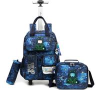 Egchescebo Mochila con Ruedas Carrito para Escolar Niño Múltiples Bolsillos Mochilas Niños Escolares Juego Fiambrera y Portalápices Maleta Juvenil Pequeño Adecuado Primaria 5-12 Años Azul Astronauta