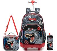 Egchescebo Mochila con Ruedas Carrito para Escolar Niño Plegable Mochilas Escolares Juego Fiambrera y Portalápices Maleta Juvenil Pequeño Lonchera Viaje Adecuado Primaria 5-12 Años Rojo Dinosaurio