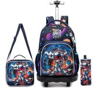 Egchescebo Mochila con Ruedas Carrito para Escolar Niño Plegable Mochilas Escolares Juego Fiambrera y Portalápices Maleta Juvenil Pequeño Lonchera Viaje Adecuado Primaria 5-12 Años Azul Astronauta