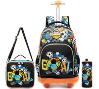 Egchescebo Mochila con Ruedas Carrito para Escolar Niño Plegable Mochilas Escolares Juego Fiambrera y Portalápices Maleta Juvenil Pequeño Lonchera Viaje Adecuado Primaria 5-12 Años Naranja Fútbol