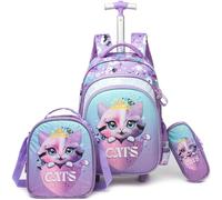 Egchescebo Mochila con Ruedas Peluche Carrito para Escolar Niña Mochilas Niñas Escolares Juego Fiambrera y Portalápices Maleta Juvenil Lonchera Viaje Escuela Adecuado Primaria 5-12 Años Negro Gatos