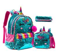Egchescebo Mochila Escolar Niña Adolescente Colegio Unicornio de Cuentas Mochilas Infantil Escolares Adolescentes para la Guarderia Viaje Estuche Stitch Regalos Niñas Colegio Bolsito 17” 3pcs Verde