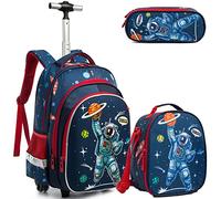 Egchescebo Mochila Escolares con Ruedas Carro para Niño Astronautas Mochilas Carrito para Trolley Escolar Bolso de Viaje Estuche Stitch Maleta Colegio Grande Medianas Infantil Chicos17” 3pcs Azul