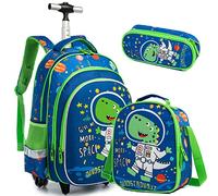 Egchescebo Mochila Escolares con Ruedas Carro para Niño Dinosaurios 17” 3pcs Mochilas Carrito para Trolley Escolar Bolso de Viaje Estuche Stitch Maleta Colegio Grande Medianas Infantil Chicos Verde