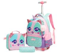Egchescebo Mochilas Escolares con Animales Ruedas Carro Niña 17" 3PCS Mochila Carrito para Trolley Escolar Bolso de Viaje Estuche Stitch Mujer Maleta Colegio Grande Medianas Infantil Niñas Rosa