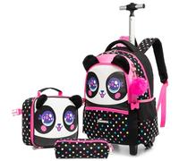 Egchescebo Mochilas Escolares con Animales Ruedas Carro Niña 17" 3PCS Mochila Carrito para Trolley Escolar Bolso de Viaje Estuche Stitch Mujer Maleta Colegio Grande Medianas Infantil Niñas Negro