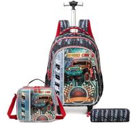 Egchescebo Mochilas Escolares con Coches de Arena Ruedas Carro Niño 17" 3PCS Mochila Carrito para Trolley Escolar Bolso Viaje Estuche Stitch Chicos Maleta Colegio Grande Medianas Infantil Niños Rojo