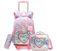 Egchescebo Mochilas Escolares con El gato del Amor Ruedas Carro Niña 17" Mochila Carrito para Trolley Escolar Bolso de Viaje Estuche Stitch Maleta Colegio Rodillos Desmontables Infantil Niñas Rosa