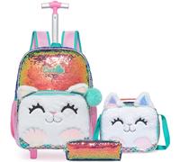 Egchescebo Mochilas Escolares con Gatos Ruedas Carro Niña 17" 3PCS Mochila Carrito para Trolley Escolar Bolso Viaje Estuche Stitch Mujer Maleta Colegio Grande Medianas Infantil Niñas Peluche Champán