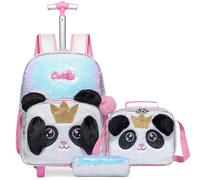 Egchescebo Mochilas Escolares con Gatos Ruedas Carro Niña 17" 3PCS Mochila Carrito para Trolley Escolar Bolso de Viaje Estuche Stitch Mujer Maleta Colegio Grande Medianas Infantil Niñas Peluche Rosa