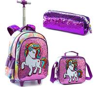Egchescebo Mochilas Escolares con Ruedas, 3PCS Carro y Bolsa del Almuerzo y Estuche de Lápices Bolsos Para Chicas,Un Viaje Escolar Para Niños, Unicornio de Lentejuelas Moradas