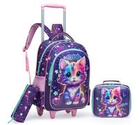 Egchescebo Mochilas Escolares con Ruedas Carro Niña 17" 3PCS Mochila Carrito para Trolley Escolar Bolso de Viaje Estuche Stitch Mujer Maleta Colegio Grande Medianas Infantil Niñas Gato Morado