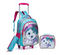 Egchescebo Mochilas Escolares con Ruedas Carro Niña 17" 3PCS Mochila Carrito para Trolley Escolar Bolso de Viaje Estuche Stitch Mujer Maleta Colegio Grande Medianas Infantil Niñas Gato Verde