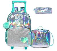 Egchescebo Mochilas Escolares con Ruedas Carro Niña Carta de Amor Cuero GP Mochila Carrito para Trolley Escolar Bolso Viaje Estuche Stitch Mujer Maleta Colegio Medianas Infantil Niñas 16” 3pcs Verde